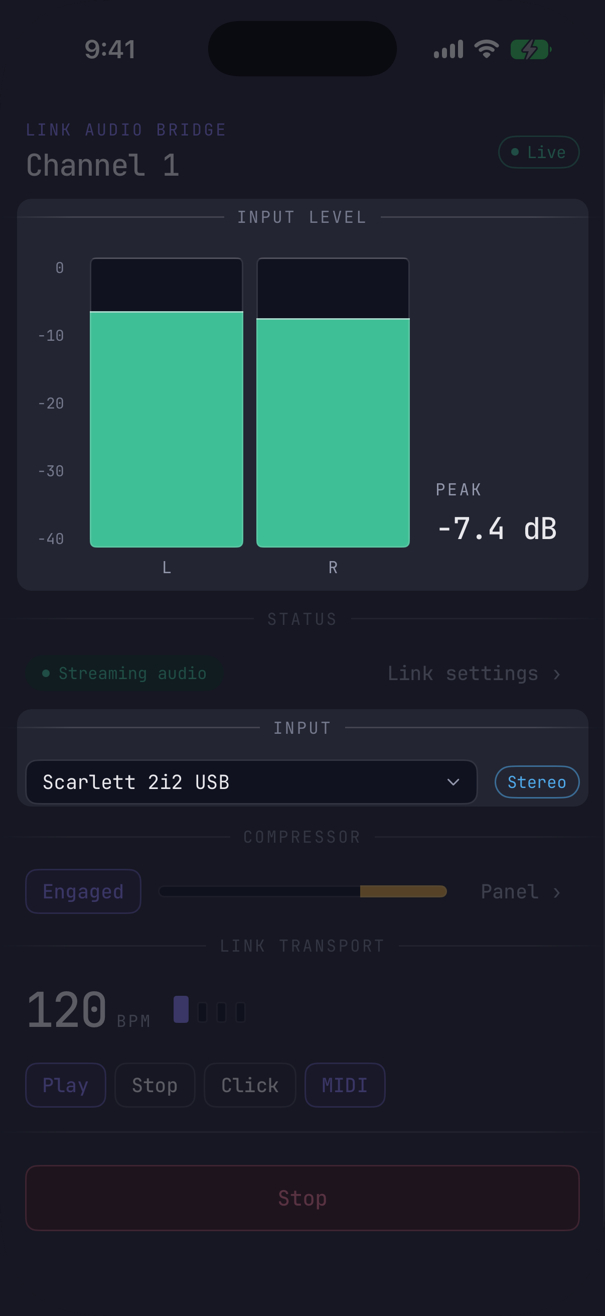 Stereo input meters sitting healthily, peaking at −7.4 dB