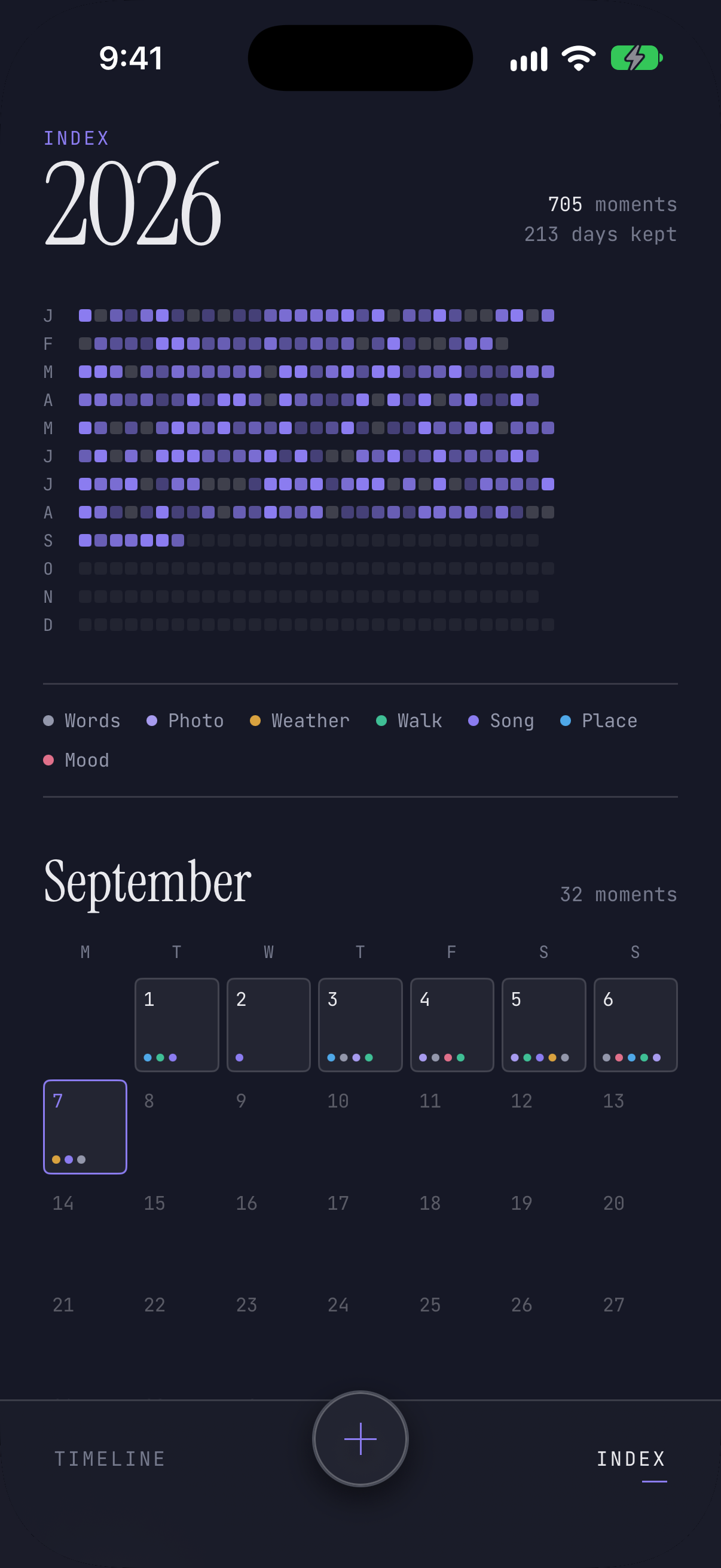 Traces Index: 2026 as a grid of kept days, and September with each day's moments as coloured dots