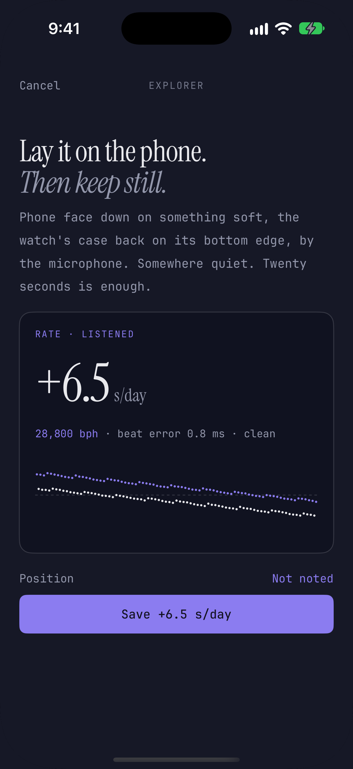 Uair listening to a Rolex Explorer's tick, with its rate in seconds a day, beat rate and beat error